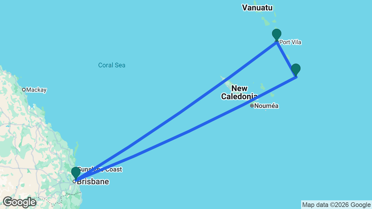 Route map: Brisbane -> Mystery Island -> Port Vila -> Brisbane