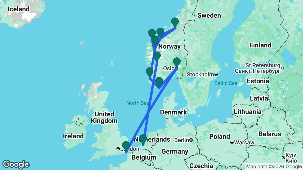 Route map: Rotterdam -> Eidfjord -> Ålesund -> Trondheim -> Åndalsnes -> Olden -> Stavanger -> Mandal -> Oslo -> Dover