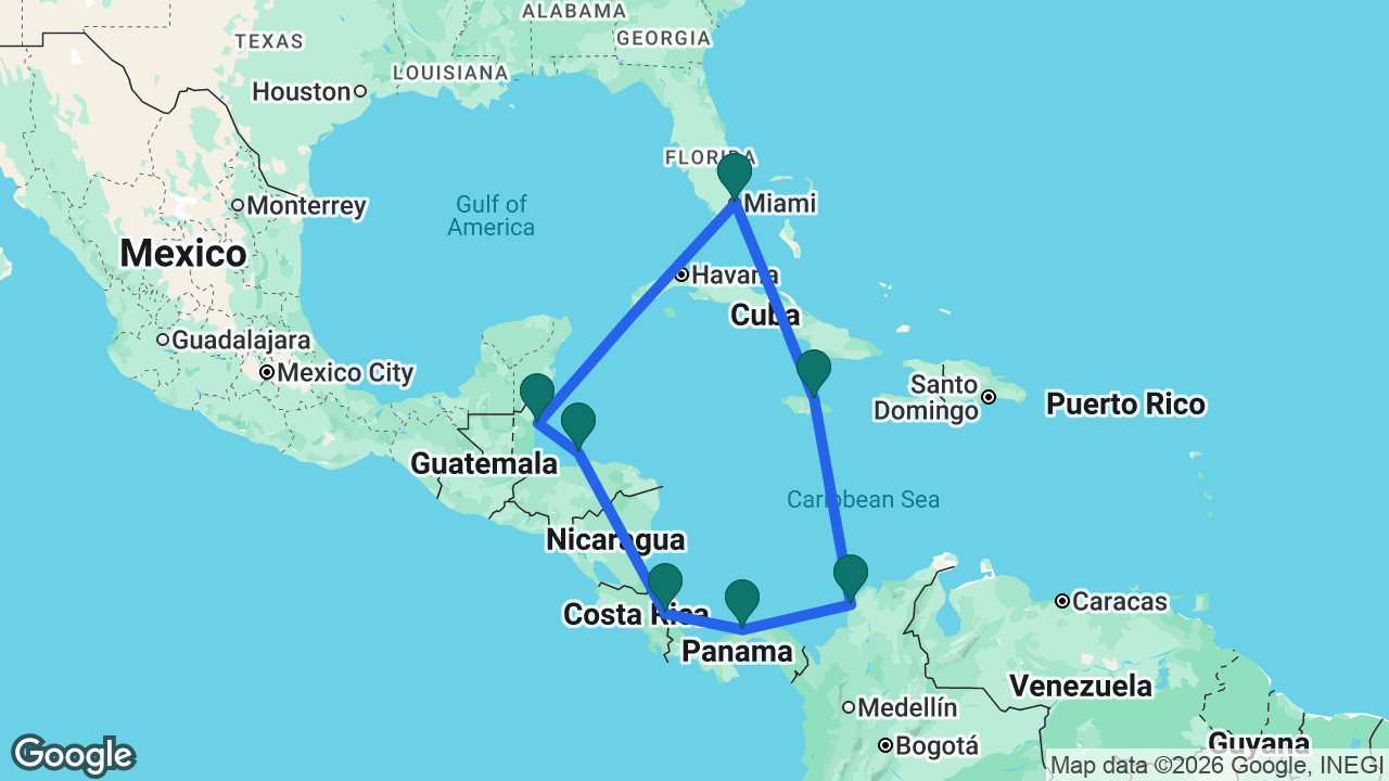 Route map: Miami -> Ocho Rios -> Cartagena -> Colón -> Limón -> Roatán -> Belize City -> Miami
