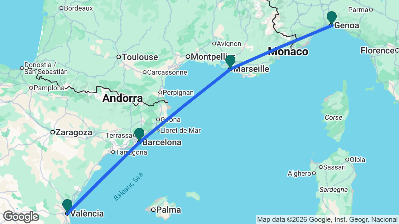 Route map: Valencia -> Barcelona -> Marseille -> Genoa