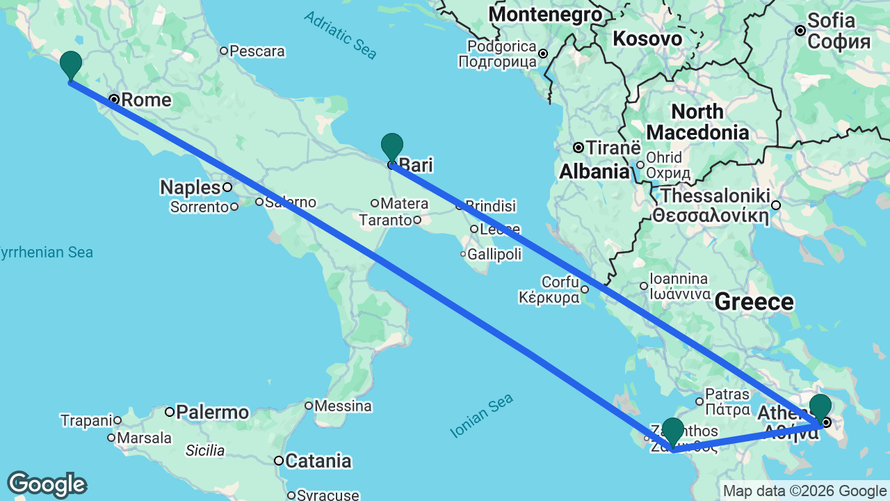 Route map: Bari -> Athens -> Katakolon -> Rome