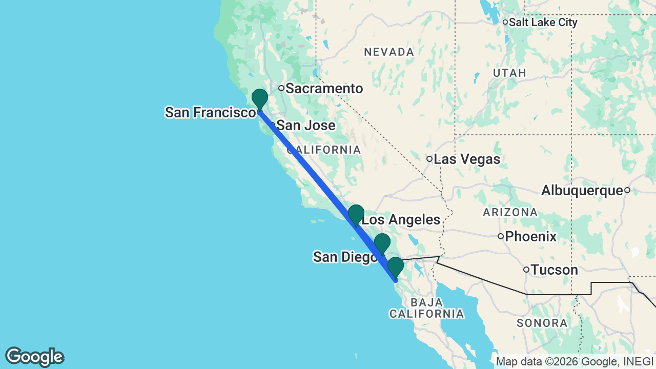 Route map: Los Angeles -> Ensenada -> San Diego -> San Francisco -> Los Angeles