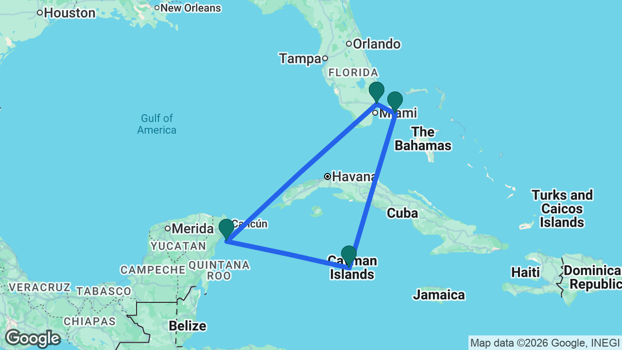 Route map: Fort Lauderdale -> Cozumel -> Grand Cayman -> Bimini -> Fort Lauderdale