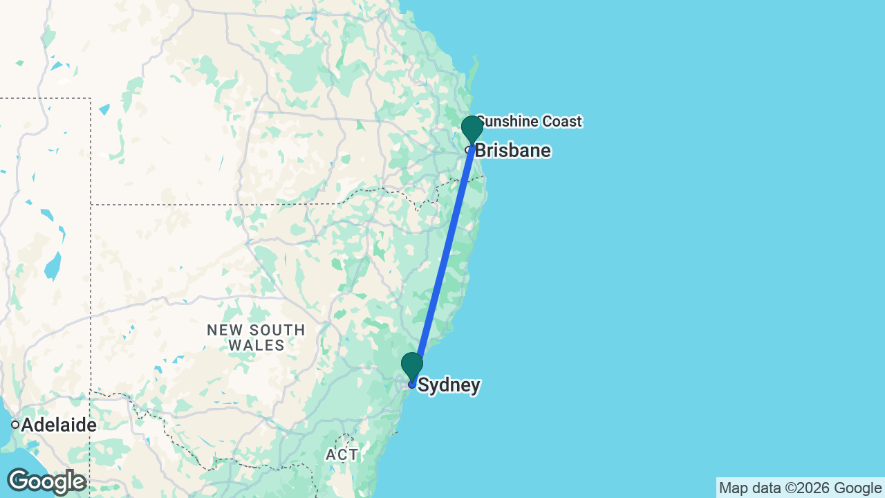 Route map: Brisbane -> Sydney