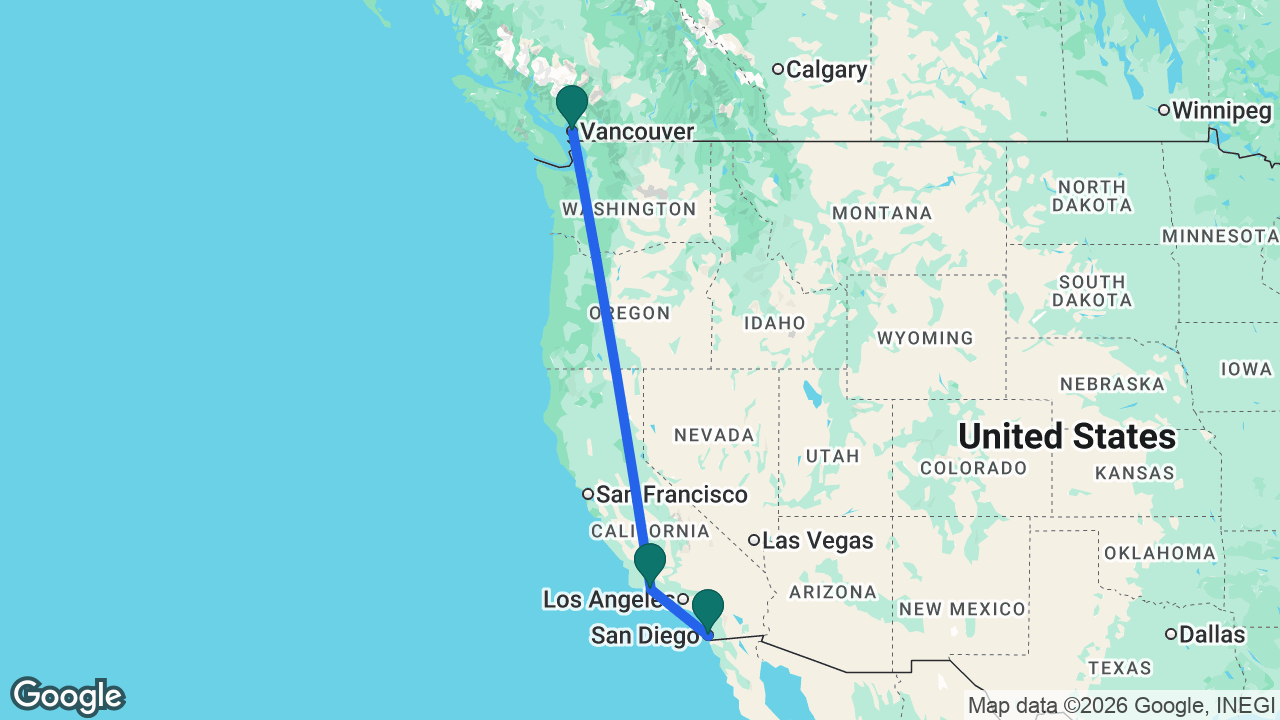 Route map: Vancouver -> Santa Barbara -> San Diego