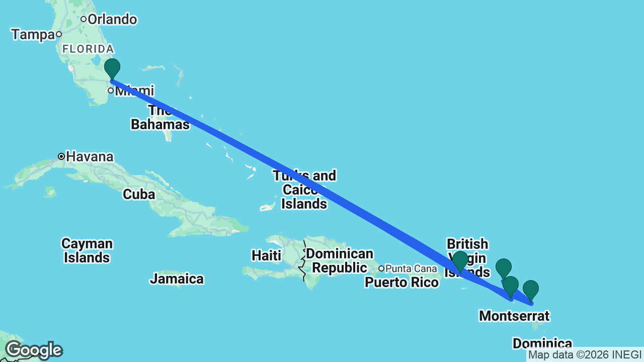 Route map: Fort Lauderdale -> St. Thomas -> Antigua -> St. Maarten -> St. Kitts -> Fort Lauderdale