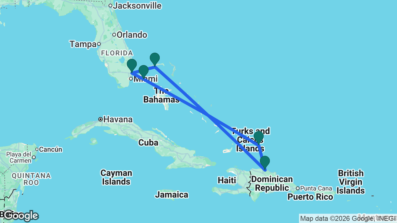 Route map: Fort Lauderdale -> Celebration Key -> Amber Cove -> Grand Turk -> Bimini -> Fort Lauderdale