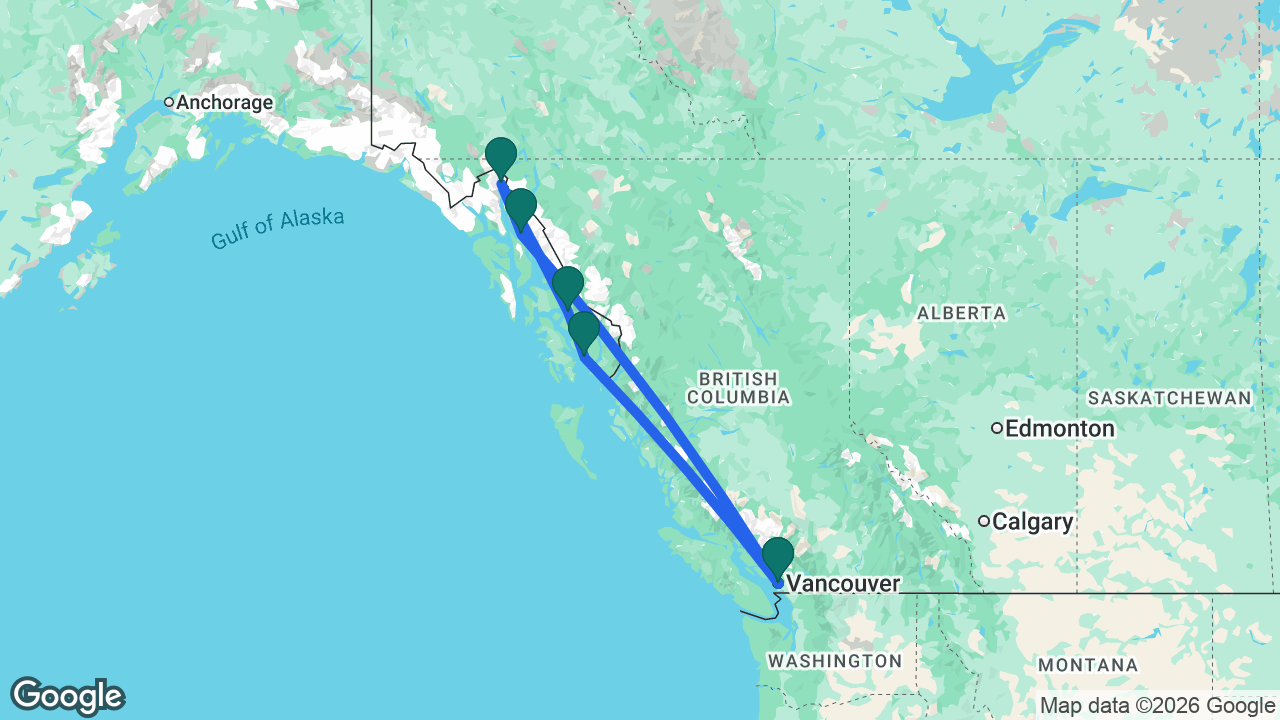 Route map: Vancouver -> Juneau -> Skagway -> Wrangell -> Ketchikan -> Vancouver