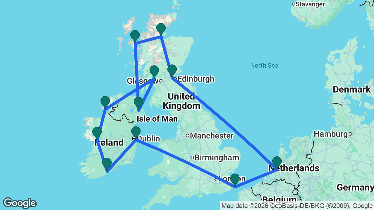 Route map: Rotterdam -> South Queensferry -> Invergordon -> Isle of Skye -> Belfast -> Glasgow -> Killybegs -> Galway -> Cobh -> Dún Laoghaire -> Dover -> Rotterdam