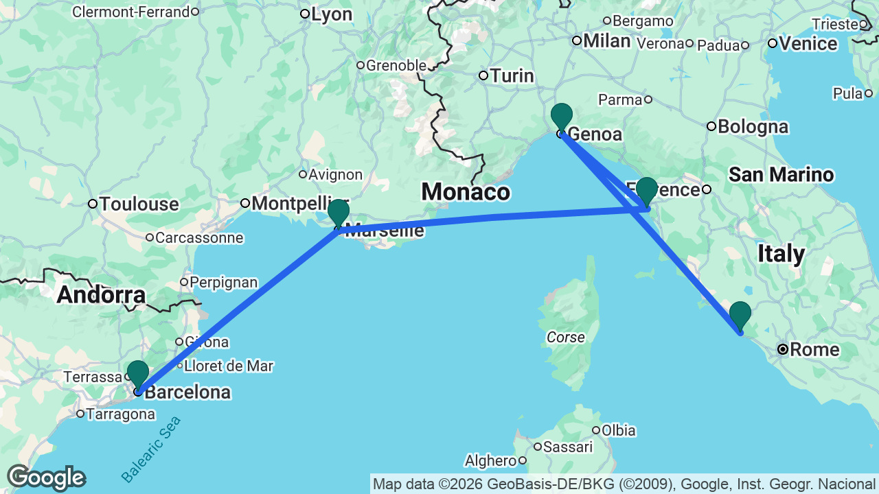 Route map: Rome -> Genoa -> Florence -> Marseille -> Barcelona