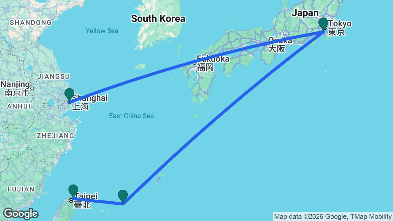 Route map: Keelung -> Miyakojima -> Tokyo -> Shanghai
