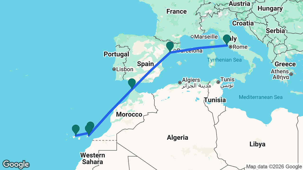 Route map: Tenerife -> Lanzarote -> Fuerteventura -> Tangier -> Tarragona -> Rome