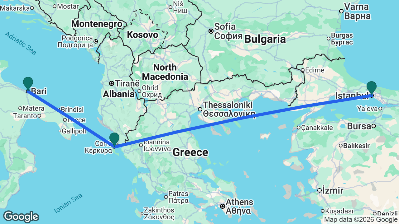 Route map: Istanbul -> Corfu -> Bari