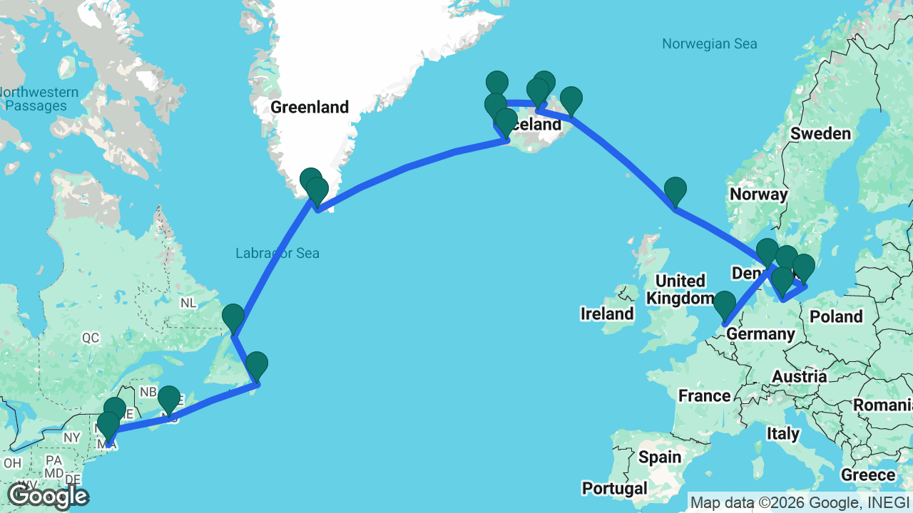 Route map: Amsterdam -> Aarhus -> Berlin -> Rønne -> Copenhagen -> Lerwick -> Seydisfjordur -> Akureyri -> Húsavík -> Isafjordur -> Grundarfjordur -> Reykjavik -> Nanortalik -> Qaqortoq -> St. Anthony -> St. John's -> Halifax -> Portland -> Boston