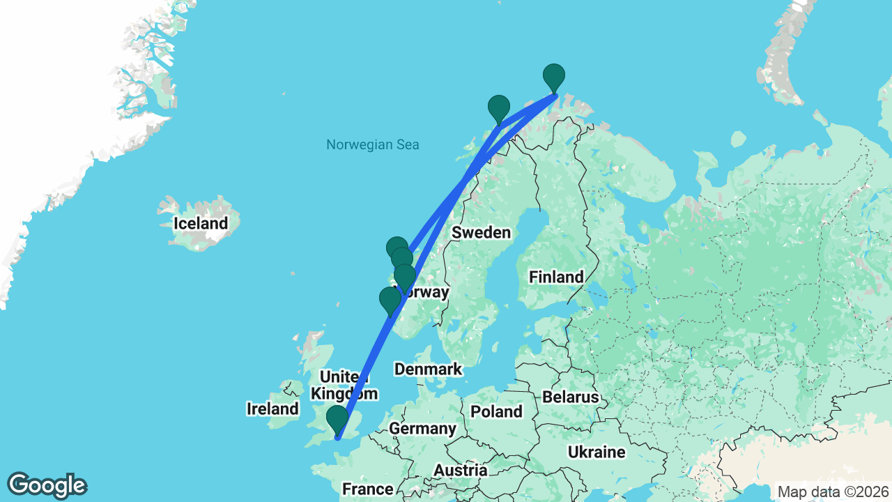 Route map: Southampton -> Flåm -> Tromsø -> North Cape -> Ålesund -> Olden -> Haugesund -> Southampton