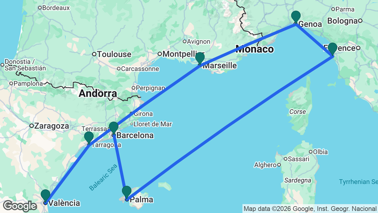 Route map: Valencia -> Tarragona -> Marseille -> Genoa -> Florence -> Mallorca -> Barcelona