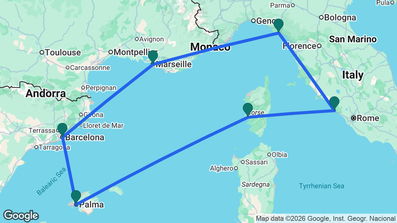 Route map: Barcelona -> Marseille -> La Spezia -> Rome -> Ajaccio -> Mallorca -> Barcelona