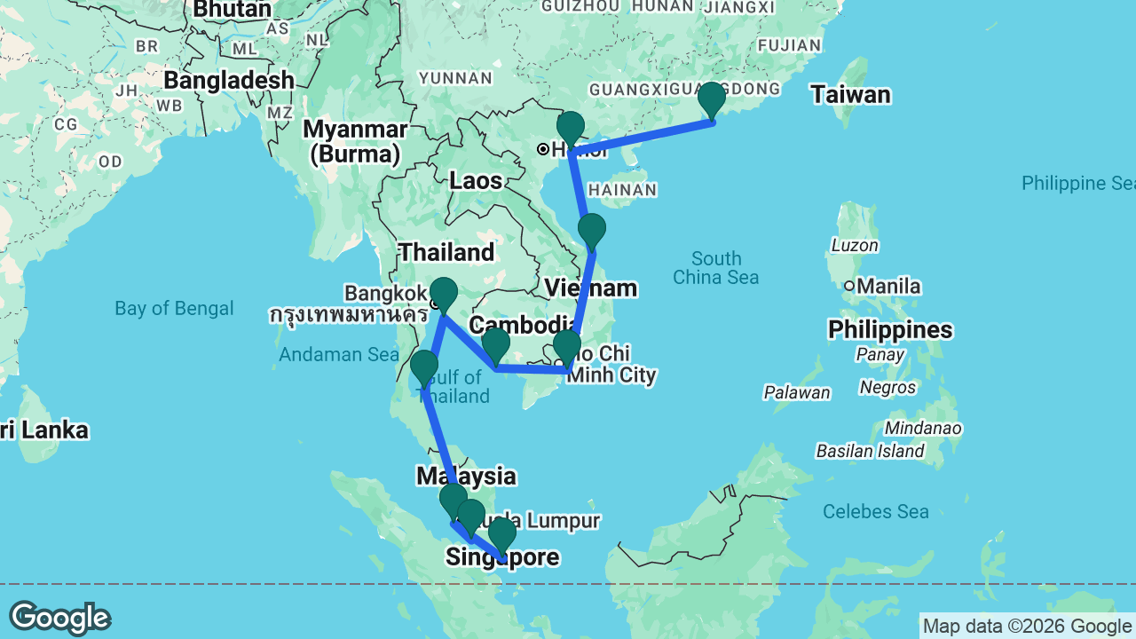 Route map: Hong Kong -> Ha Long Bay -> Da Nang -> Ho Chi Minh City -> Sihanoukville -> Laem Chabang -> Koh Samui -> Malacca -> Kuala Lumpur -> Singapore