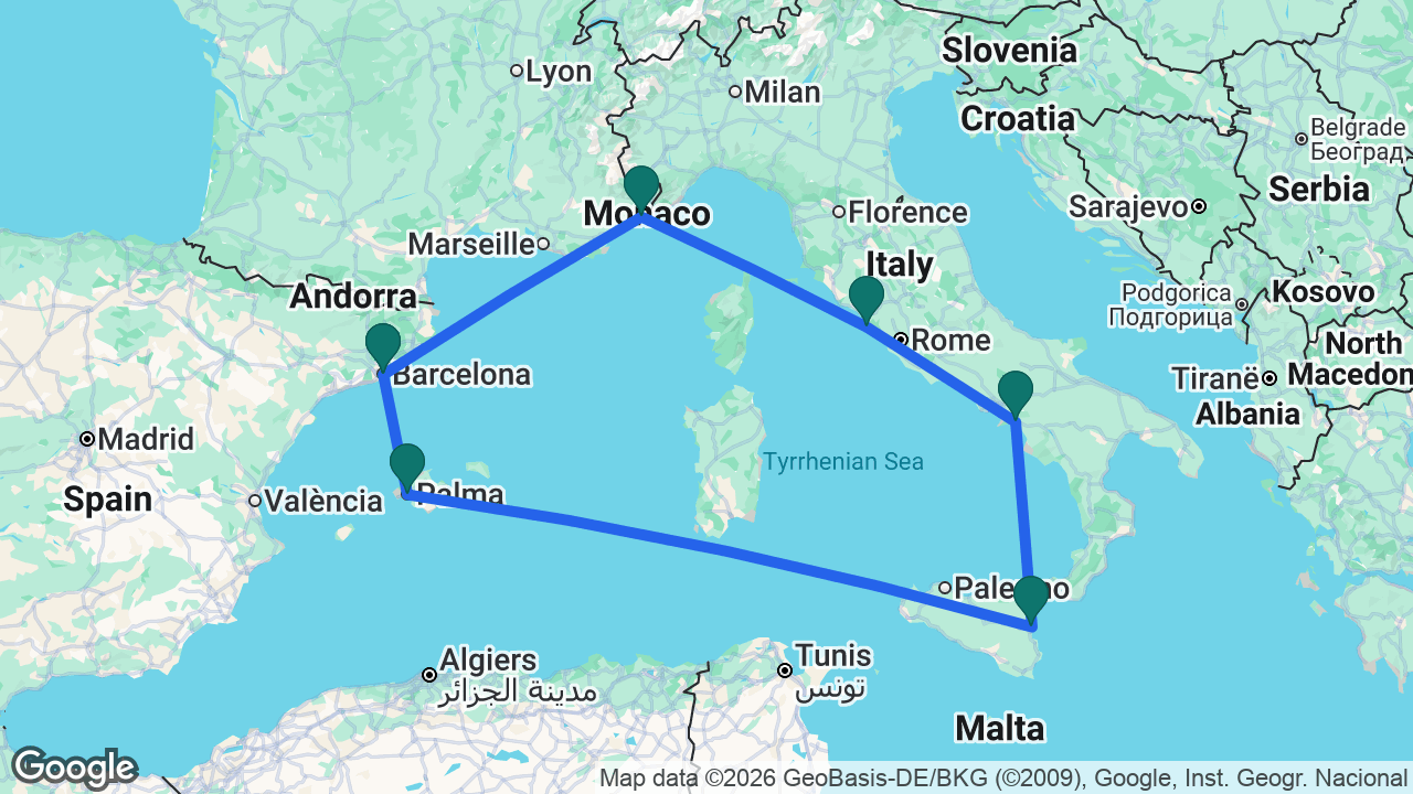 Route map: Barcelona -> Villefranche -> Rome -> Amalfi Coast -> Catania -> Mallorca -> Barcelona