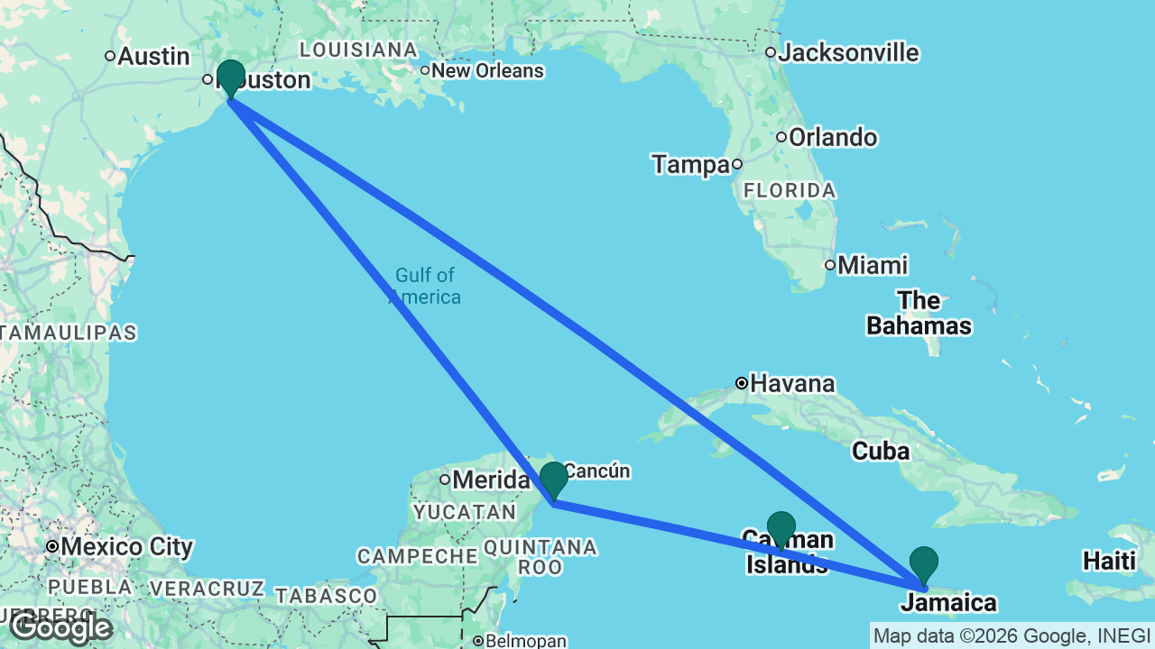 Route map: Galveston -> Montego Bay -> Grand Cayman -> Cozumel -> Galveston