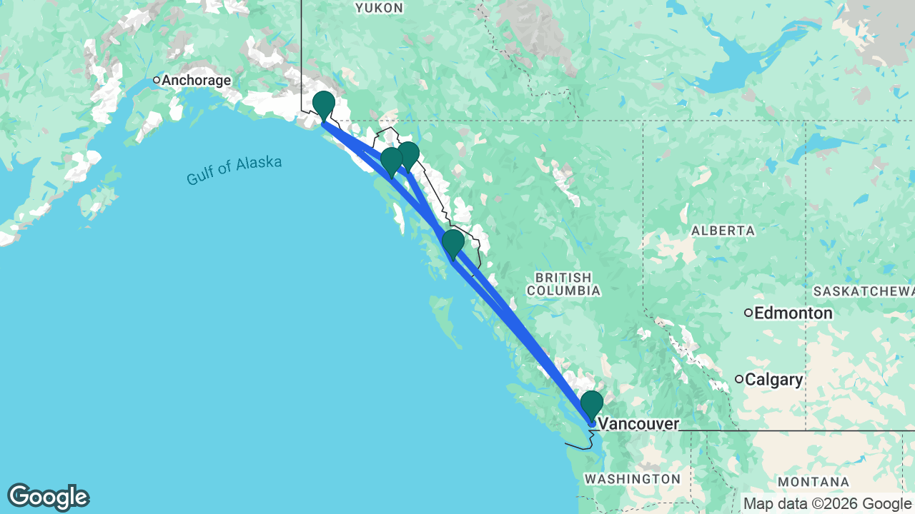 Route map: Vancouver -> Icy Strait Point -> Hubbard Glacier -> Juneau -> Ketchikan -> Vancouver