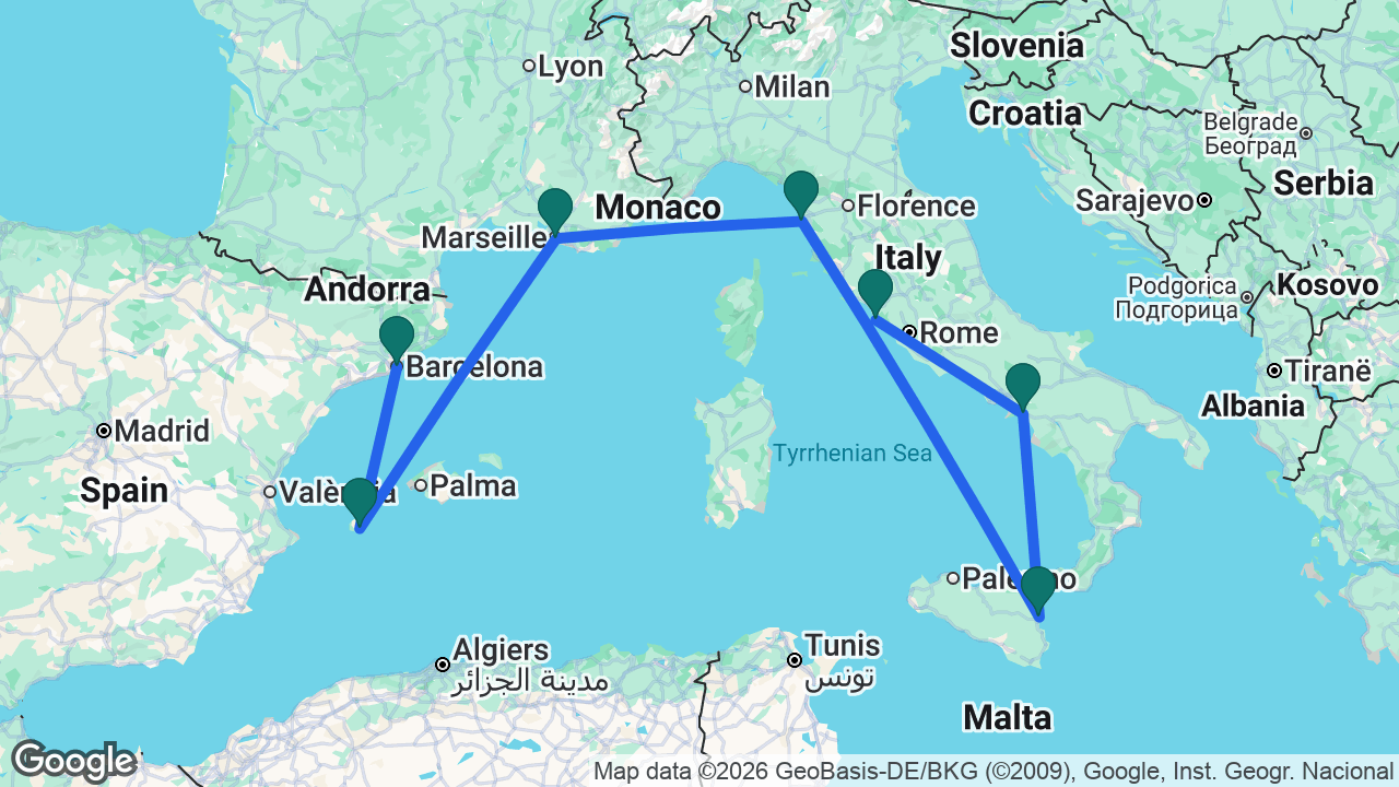 Route map: Rome -> Amalfi Coast -> Catania -> Florence -> Marseille -> Ibiza -> Barcelona