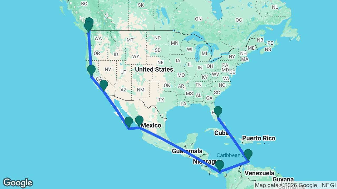 Route map: Vancouver -> Victoria -> San Francisco -> Los Angeles -> Cabo -> Mazatlán -> Panama City -> Panama Canal -> Aruba -> Fort Lauderdale