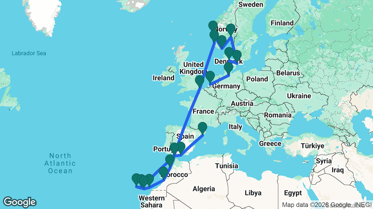 Route map: Rotterdam -> Hamburg -> Aarhus -> Copenhagen -> Oslo -> Kristiansand -> Bergen -> Stavanger -> Dover -> Casablanca -> Agadir -> Fuerteventura -> Gran Canaria -> La Palma -> Tenerife -> Cádiz -> Málaga -> Barcelona