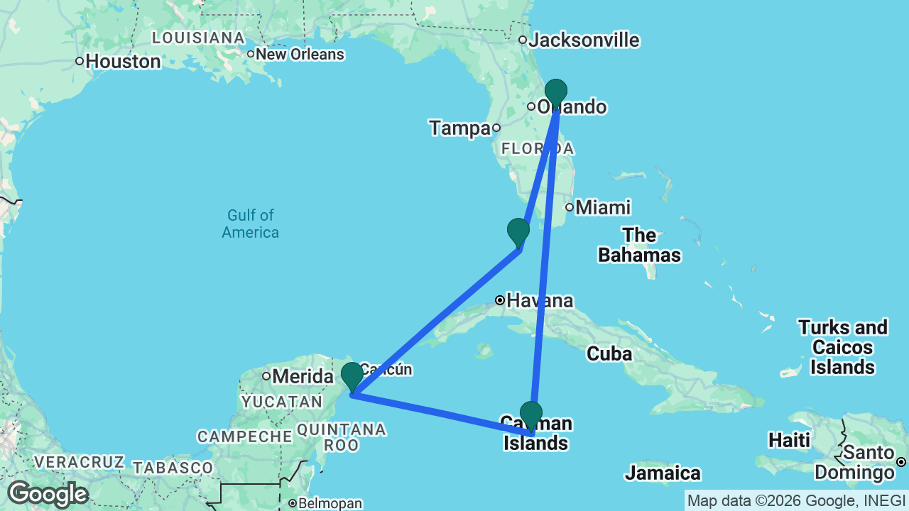 Route map: Port Canaveral -> Key West -> Cozumel -> Grand Cayman -> Port Canaveral