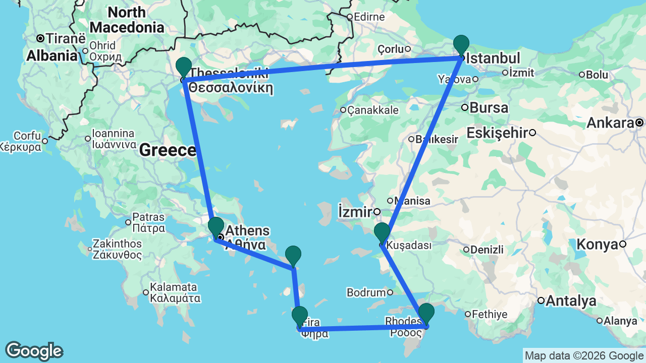 Route map: Athens -> Mykonos -> Santorini -> Rhodes -> Ephesus -> Istanbul -> Thessaloniki -> Athens