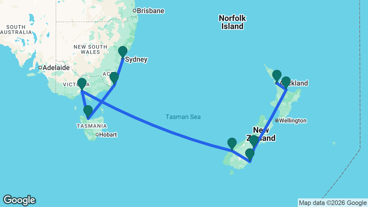 Route map: Auckland -> Tauranga -> Timaru -> Dunedin -> Milford Sound -> Melbourne -> Tasmania -> Eden -> Sydney