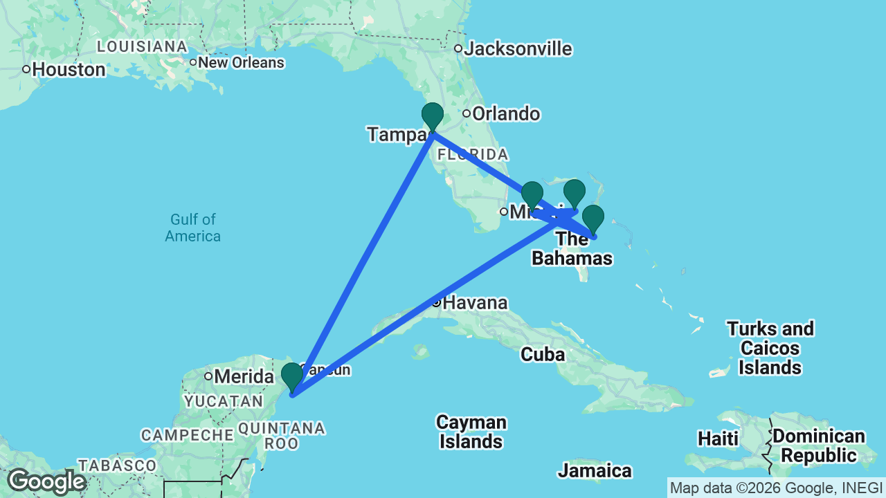 Route map: Tampa -> Nassau -> Bimini -> CocoCay -> Cozumel -> Tampa