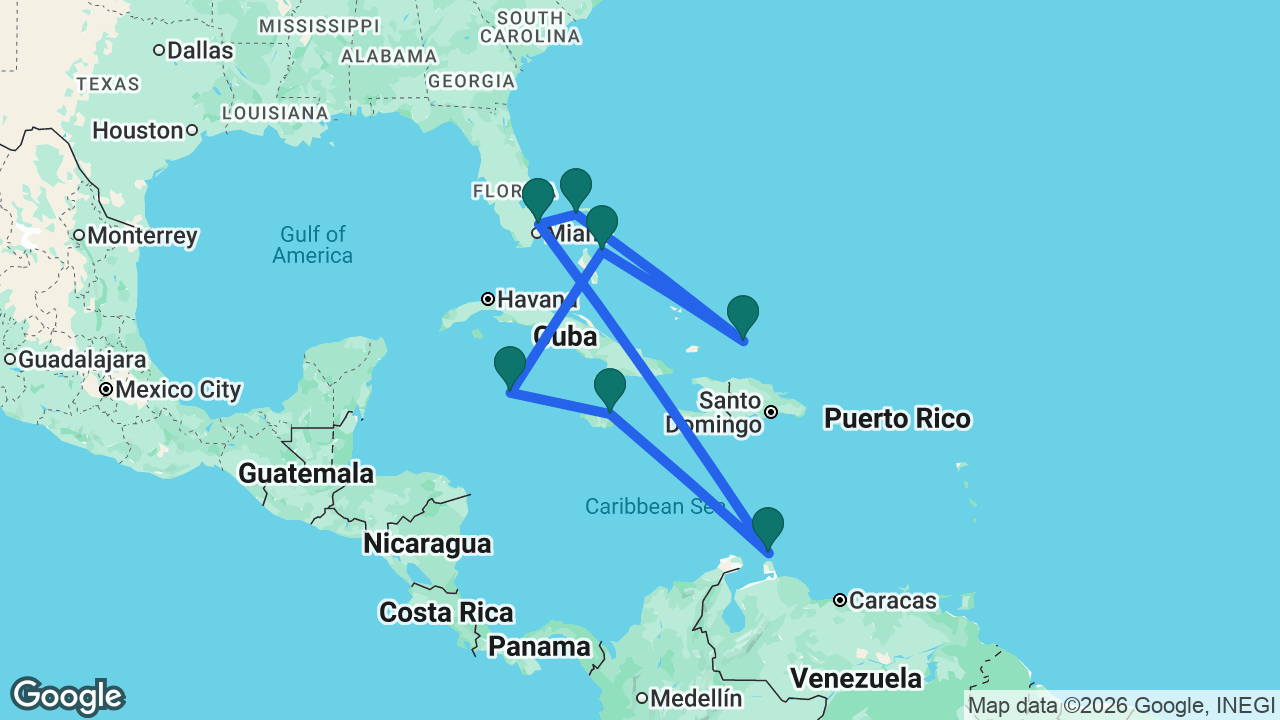 Route map: Fort Lauderdale -> Celebration Key -> Grand Turk -> Nassau -> Grand Cayman -> Ocho Rios -> Aruba -> Fort Lauderdale