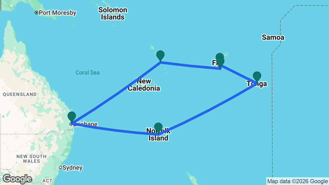 Route map: Brisbane -> Norfolk Island -> Nuku'alofa -> Fiji -> Dravuni Island -> Port Vila -> Brisbane