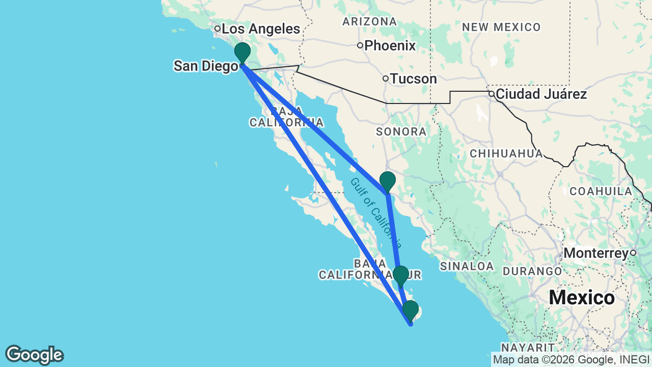 Route map: San Diego -> Cabo -> La Paz -> Guaymas -> San Diego