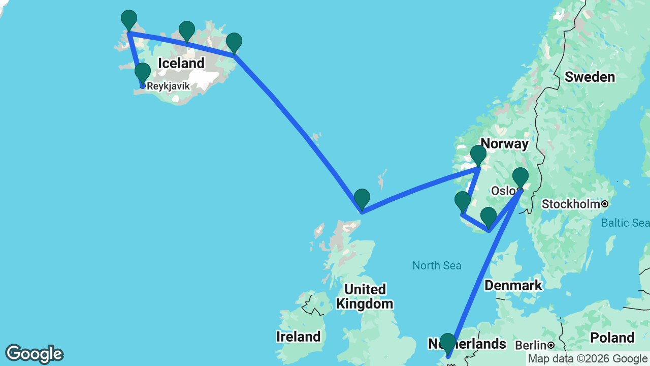 Route map: Rotterdam -> Oslo -> Kristiansand -> Sandnes -> Flåm -> Kirkwall -> Seydisfjordur -> Akureyri -> Isafjordur -> Reykjavik