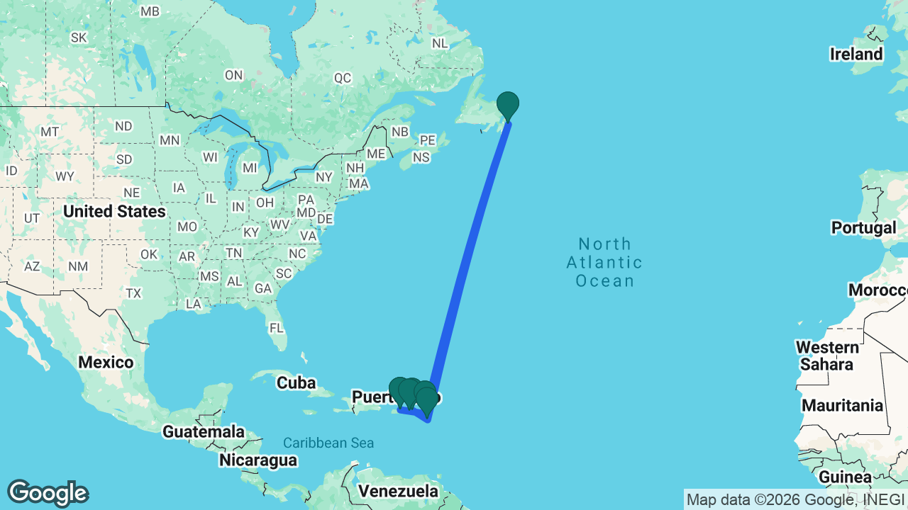 Route map: San Juan -> St. Thomas -> Tortola -> St. Kitts -> St. John's -> St. Maarten -> San Juan