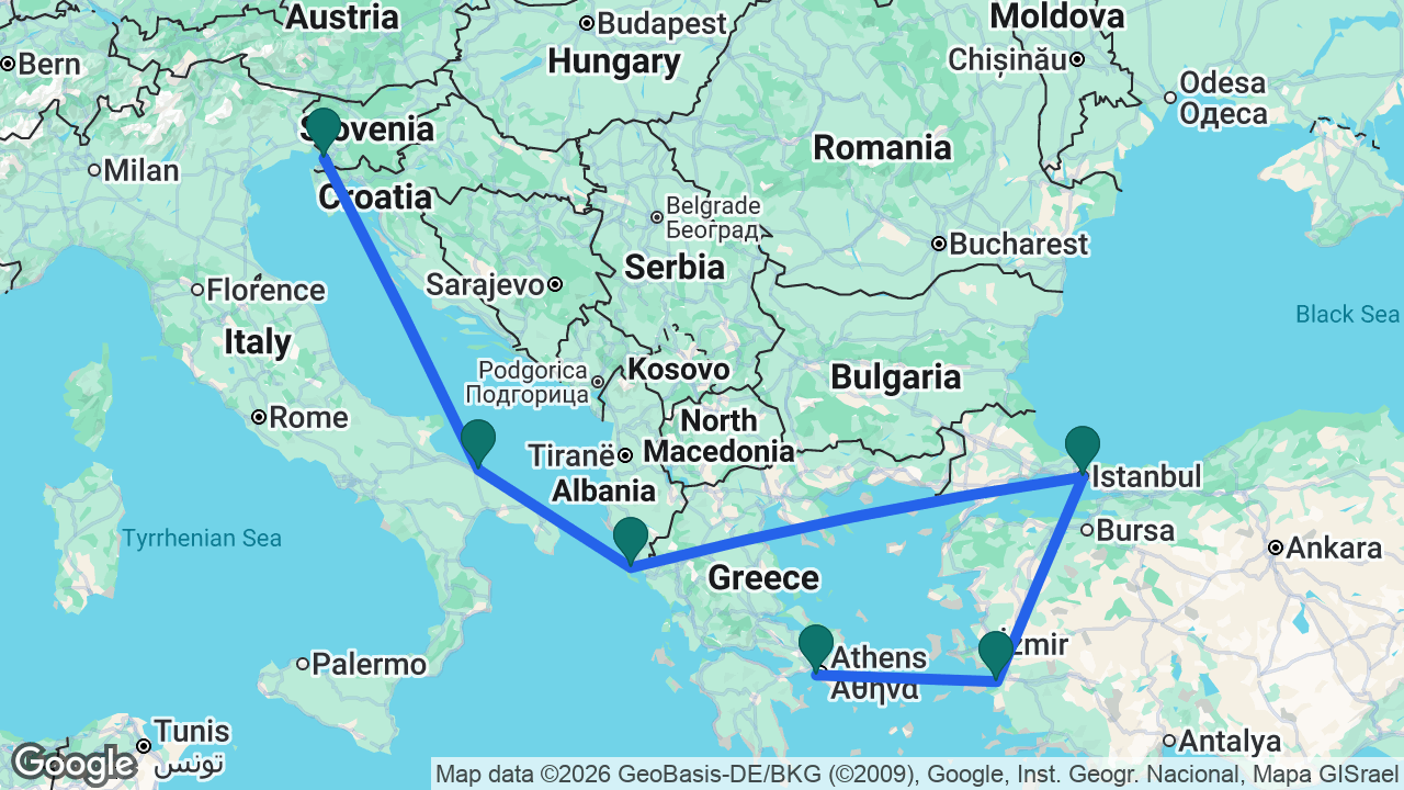 Route map: Athens -> Ephesus -> Istanbul -> Corfu -> Bari -> Trieste
