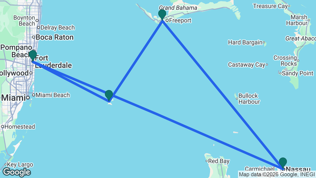 Route map: Fort Lauderdale -> Bimini -> Freeport -> Nassau -> Fort Lauderdale