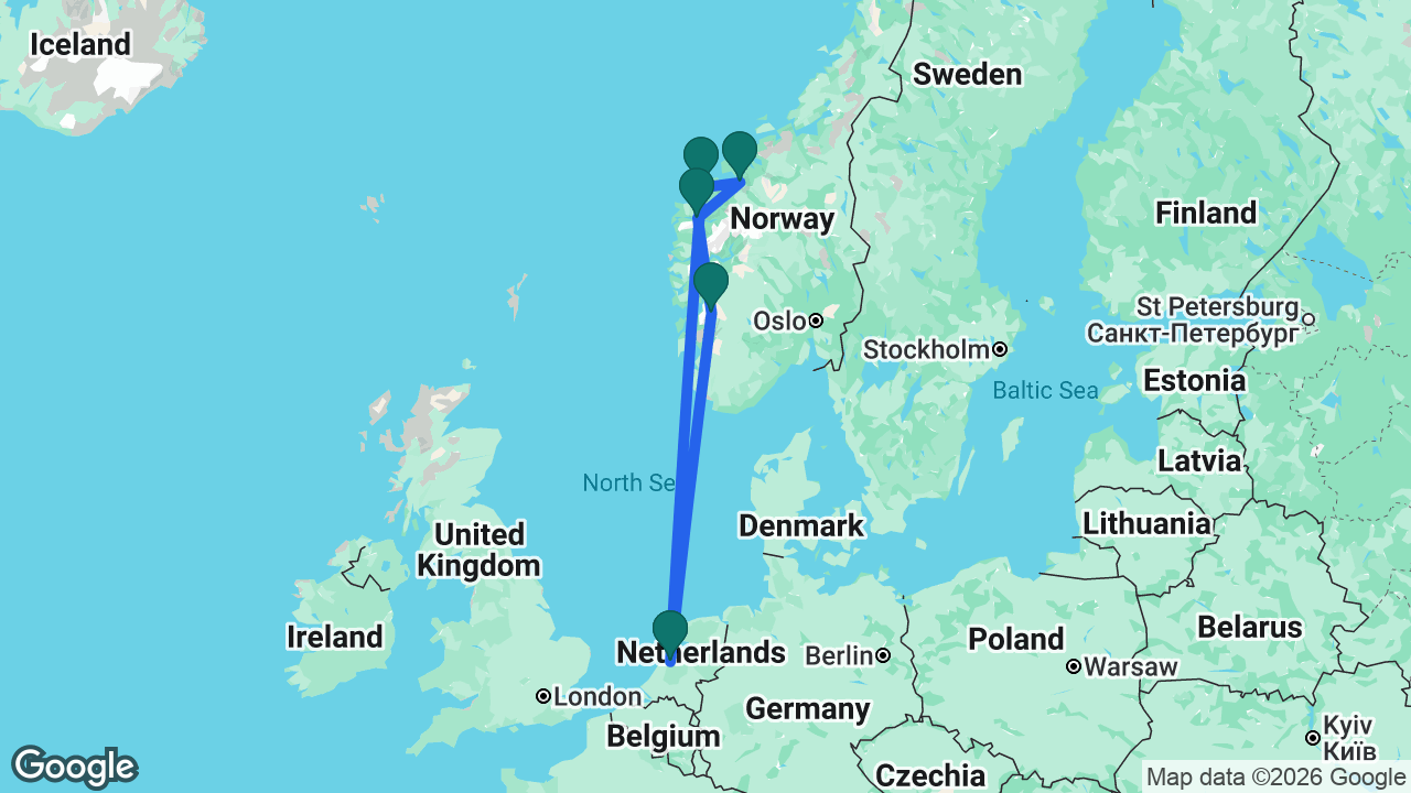 Route map: Amsterdam -> Ålesund -> Åndalsnes -> Nordfjordeid -> Odda -> Amsterdam