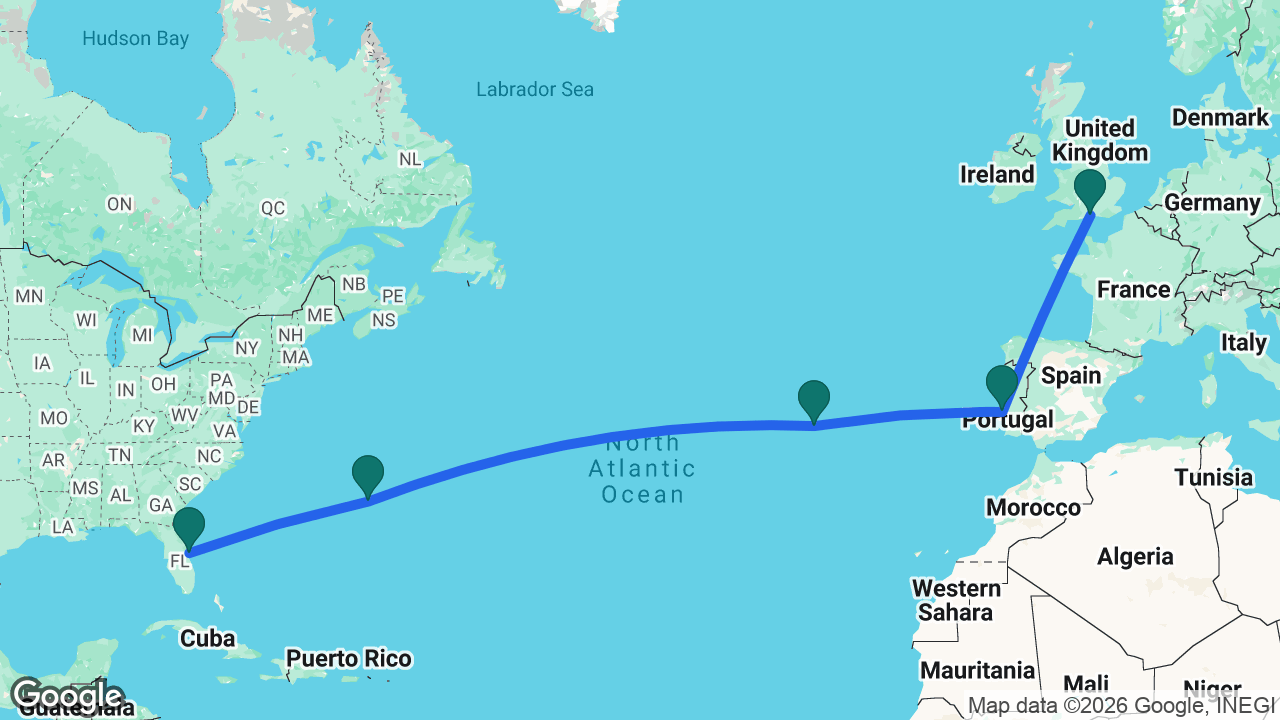Route map: Port Canaveral -> Bermuda -> Azores -> Lisbon -> Southampton
