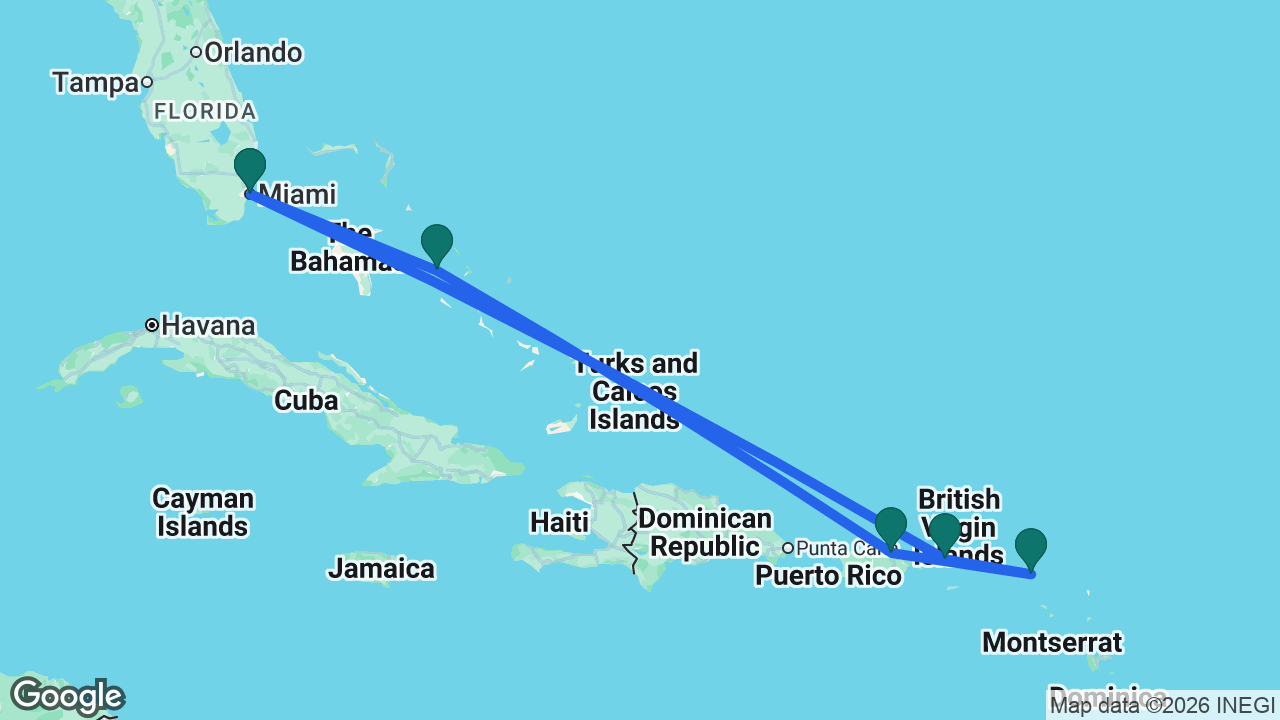 Route map: Miami -> Princess Cays -> San Juan -> St. Maarten -> St. Thomas -> Miami