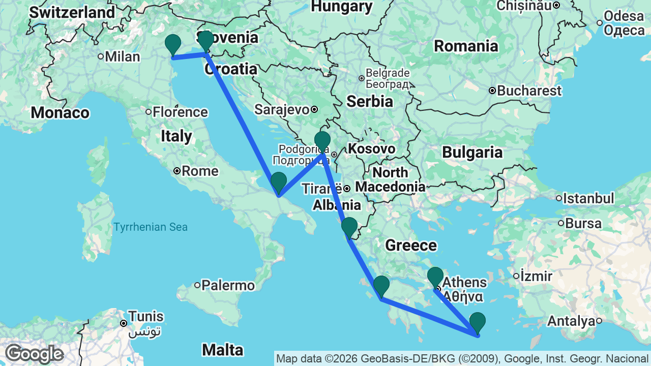 Route map: Athens -> Santorini -> Katakolon -> Corfu -> Kotor -> Bari -> Koper -> Venice