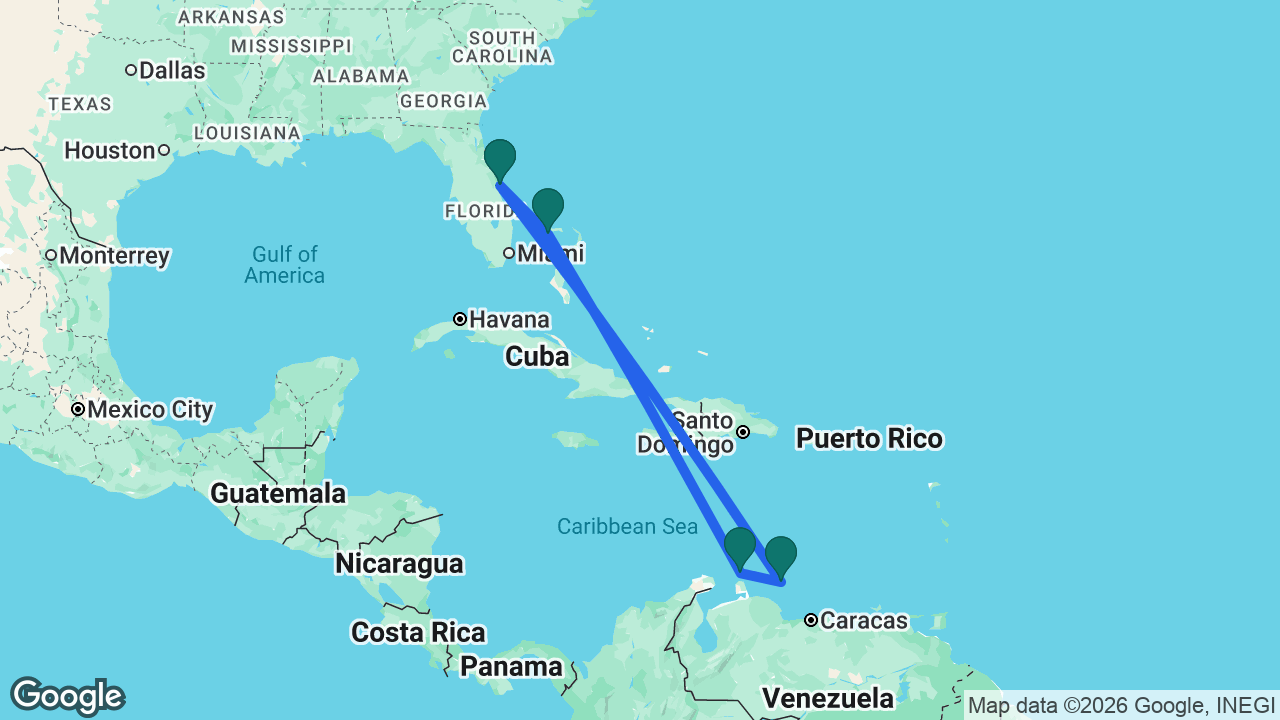 Route map: Port Canaveral -> Bonaire -> Aruba -> Celebration Key -> Port Canaveral