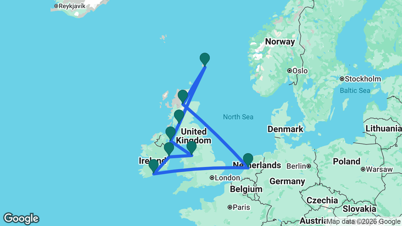 Route map: Amsterdam -> Cobh -> Dún Laoghaire -> Liverpool -> Belfast -> Glasgow -> Lerwick -> Inverness -> Amsterdam