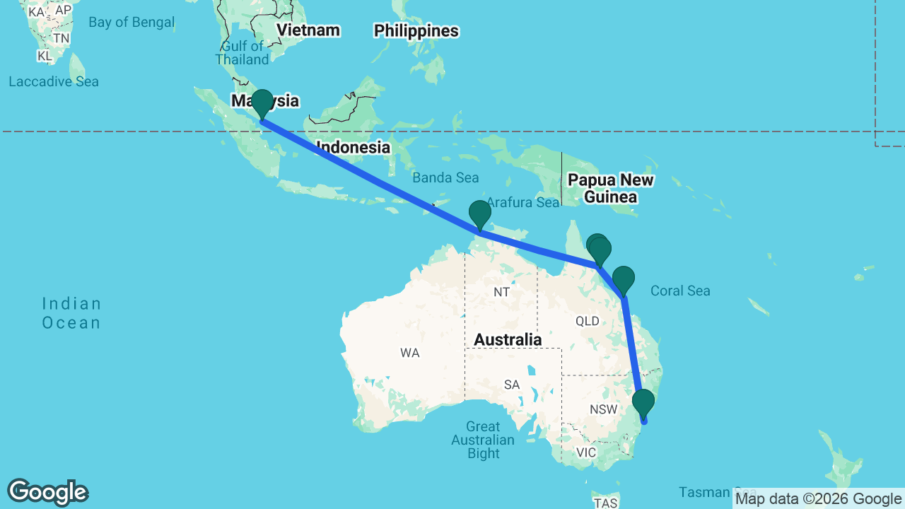 Route map: Sydney -> Airlie Beach -> Cairns -> Port Douglas -> Darwin -> Singapore