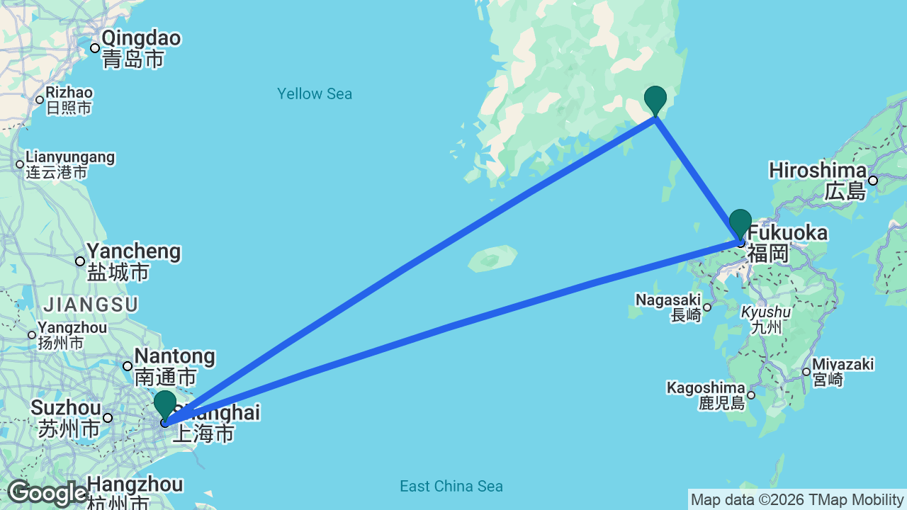 Route map: Shanghai -> Busan -> Fukuoka -> Shanghai