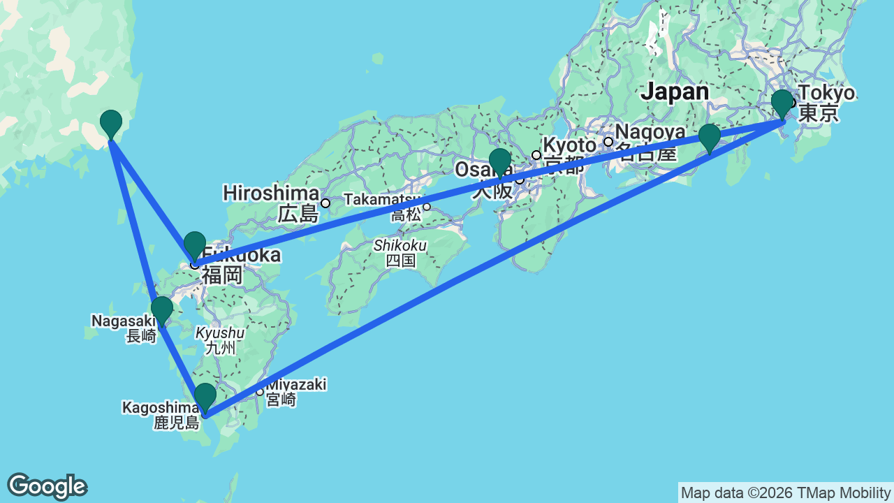 Route map: Tokyo -> Mount Fuji -> Kagoshima -> Nagasaki -> Busan -> Fukuoka -> Kobe -> Tokyo