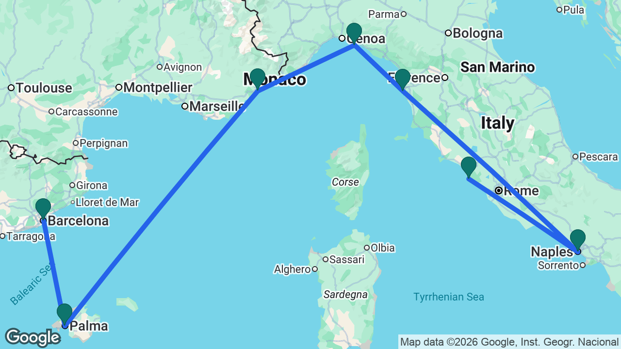 Route map: Rome -> Naples -> Florence -> Portofino -> Cannes -> Mallorca -> Barcelona