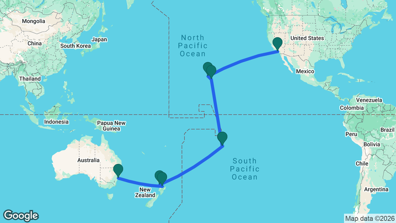 Route map: Sydney -> Tauranga -> Auckland -> Tahiti -> Moorea -> Kona -> Honolulu -> Los Angeles